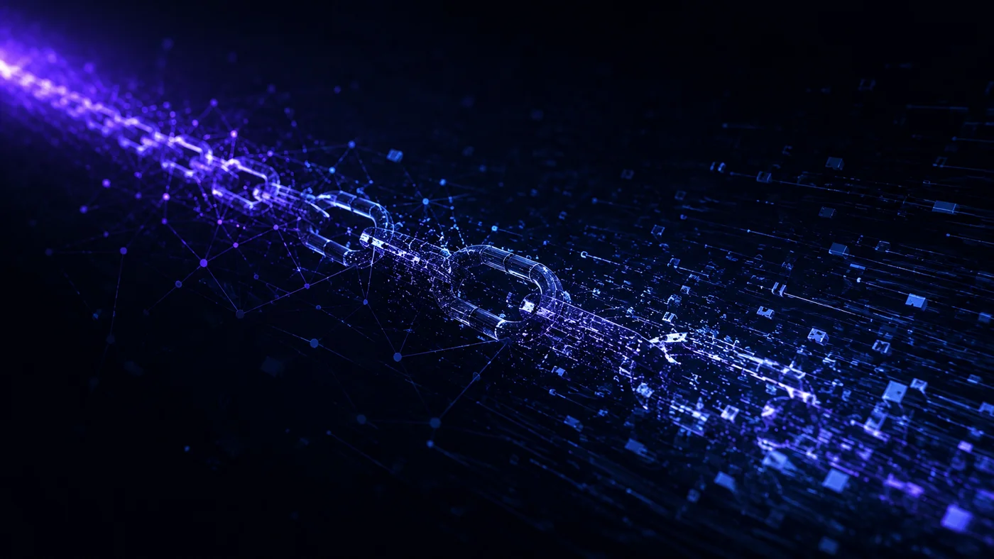 A broken digital chain dissolving into blue and violet network fragments.