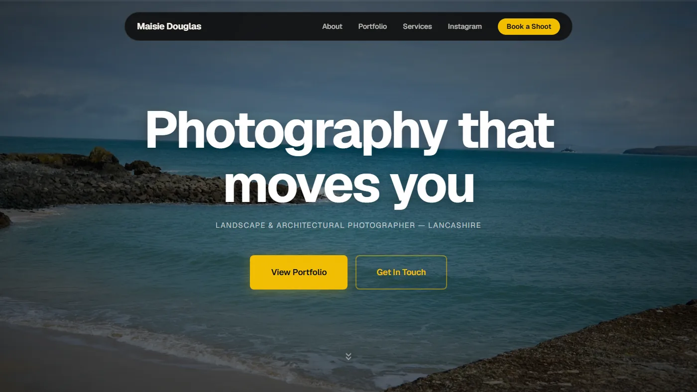 The MaisieDouglas.com homepage: a coastal landscape hero with the headline "Photography that moves you".